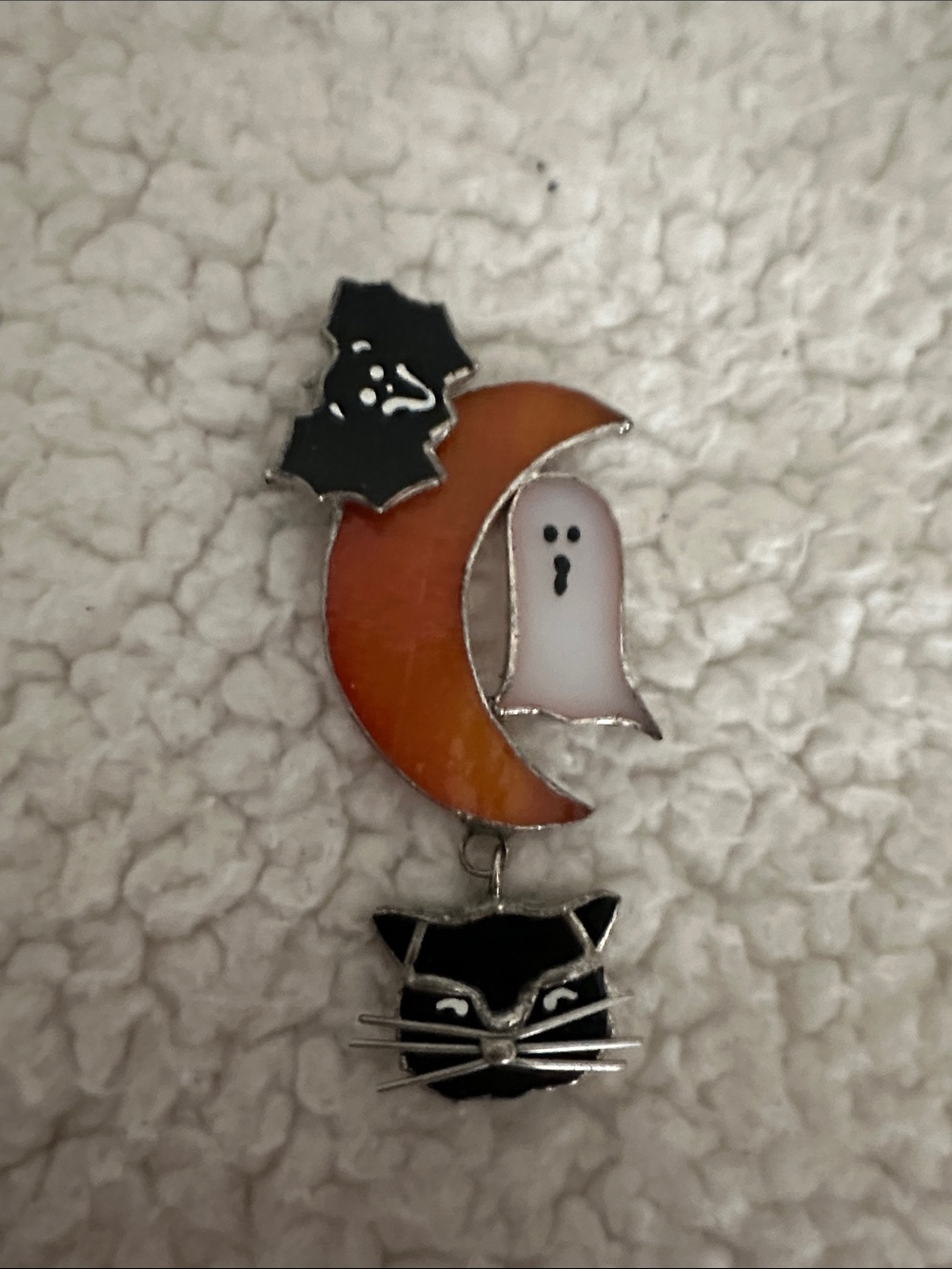 Halloween Moon Ghost & Black Cat stain glass pin